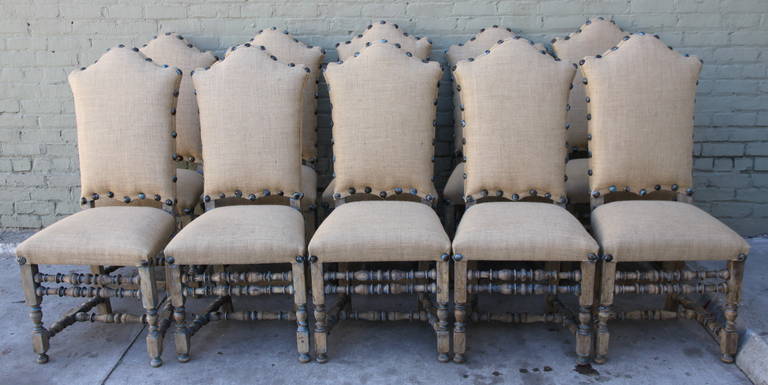 Set Of Ten Painted And Burlap Dining Chairs At 1stdibs