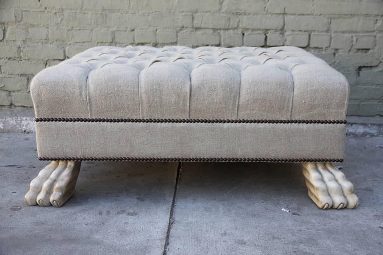 American Belgium Linen Upholstered Ottoman w/ Painted Paw Feet