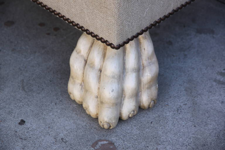 20th Century Belgium Linen Upholstered Ottoman w/ Painted Paw Feet