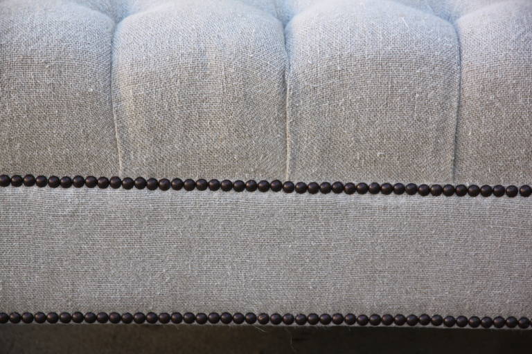 Belgium Linen Upholstered Ottoman w/ Painted Paw Feet In Excellent Condition In Los Angeles, CA