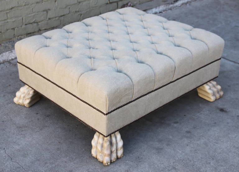 Other Belgium Linen Upholstered Ottoman w/ Painted Paw Feet