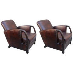 Pair of Leather Embossed Deco Armchairs