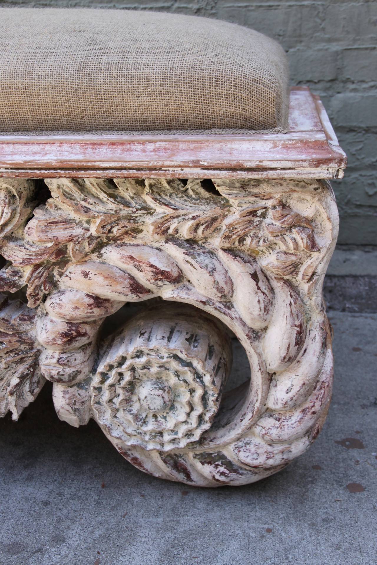 Italian carved Rococo style bench newly upholstered in burlap textile.