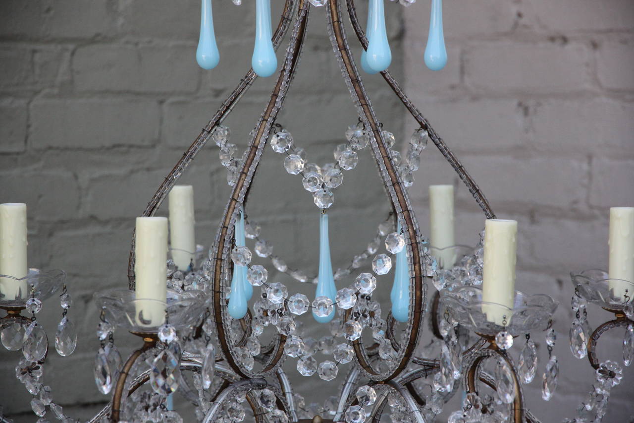Eight-light Italian crystal beaded chandelier with soft blue Murano drops. Newly rewired with chain and canopy included.