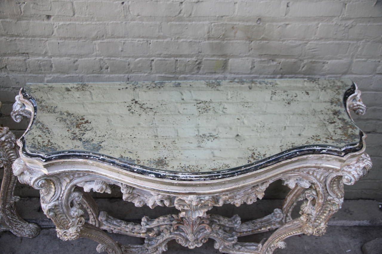 Pair of French Painted and Silver Gilt Consoles with Mirrored Tops 3