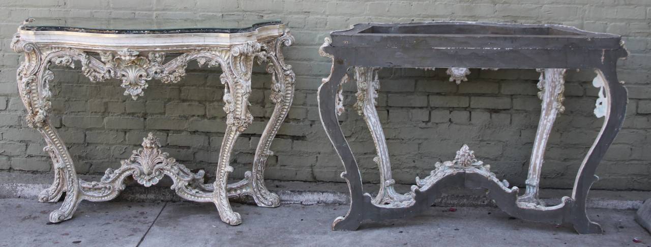 Pair of French Painted and Silver Gilt Consoles with Mirrored Tops 5