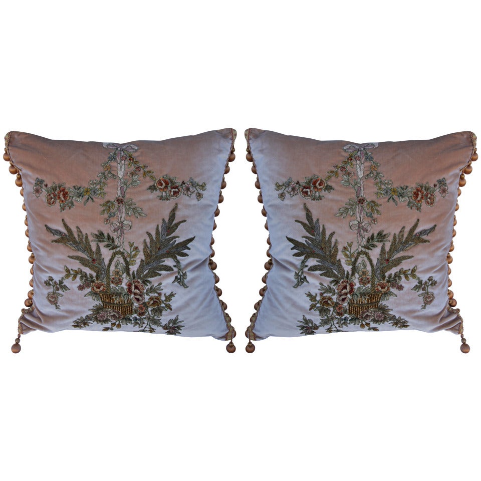 Pair of Metallic Embroidered Silk Velvet Pillows