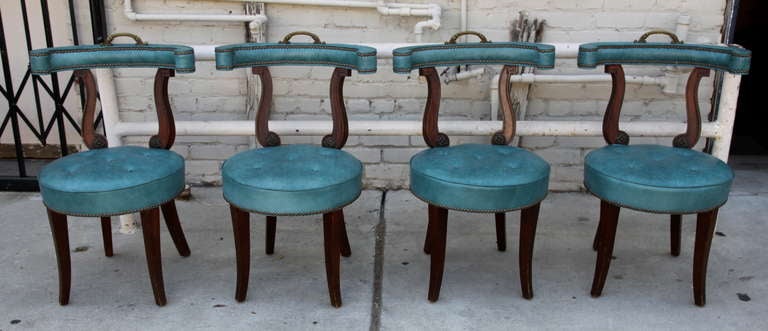 Turquoise Leather Game Chairs, Set of Four