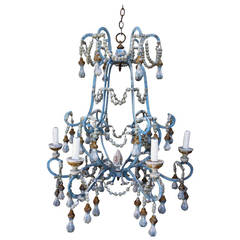 Carved Wood and Metal Beaded Painted Chandelier