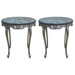 Pair of French Silver Leaf Tables w/ Mirrored Top
