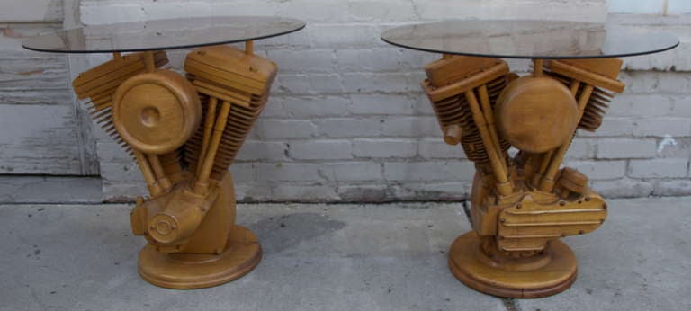 Pair of unique vintage carved wood Harley Davidson Evo & Panhead Engines with brown tinted glass tops.