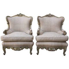 Pair of French Painted Armchairs with Burlap Upholstery