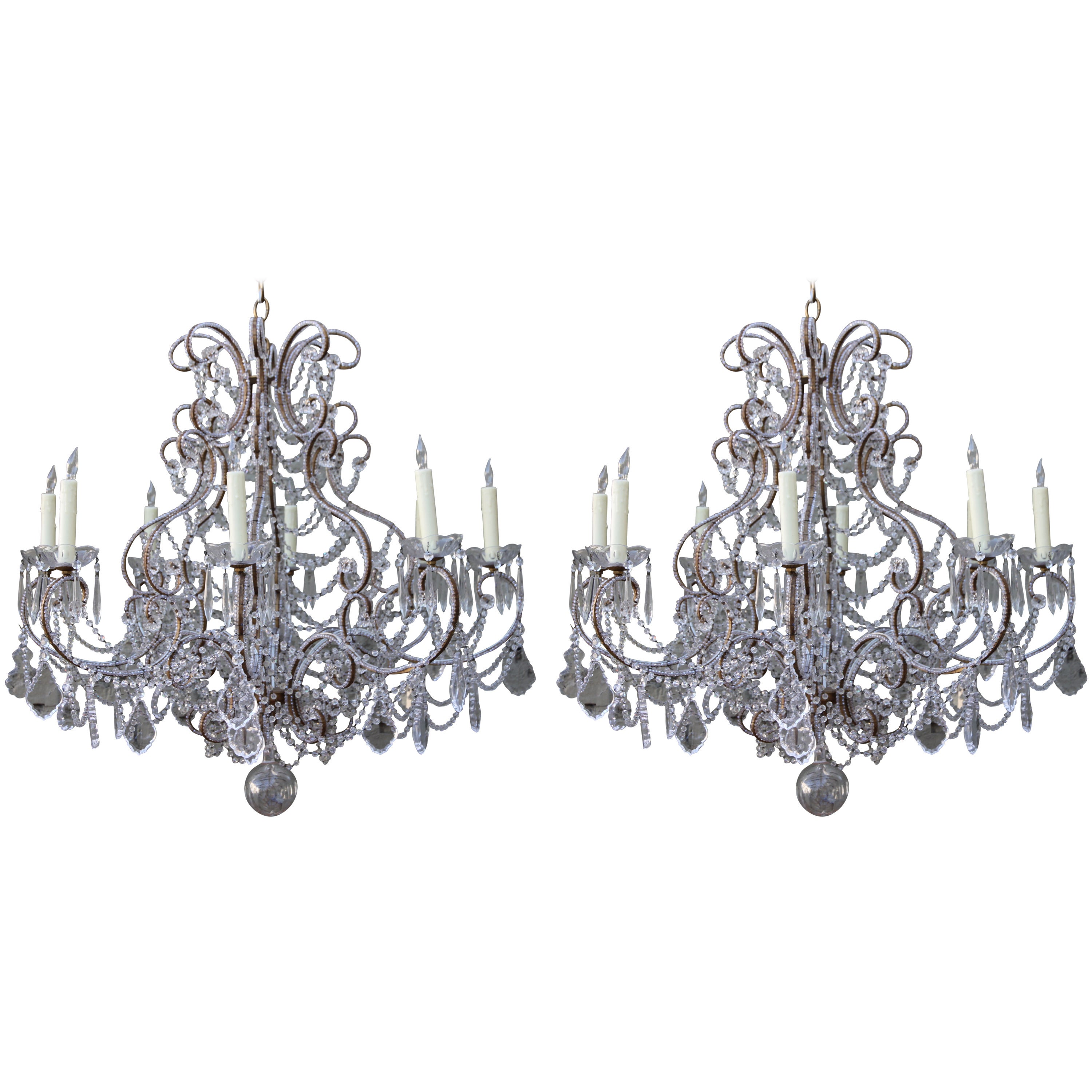 Pair of Elegant Italian Gilt Metal and Crystal Chandeliers For Sale at