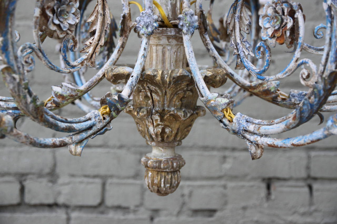 Twelve-Light Iron and Wood Cherub Chandelier In Distressed Condition In Los Angeles, CA