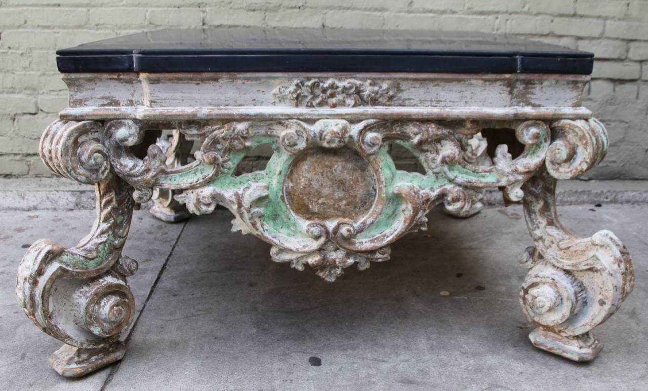 Painted Italian Carved Coffee Table w/ Stone Top