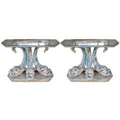 Pair of Italian Painted Dolphin Consoles w/ Mirrored Tops