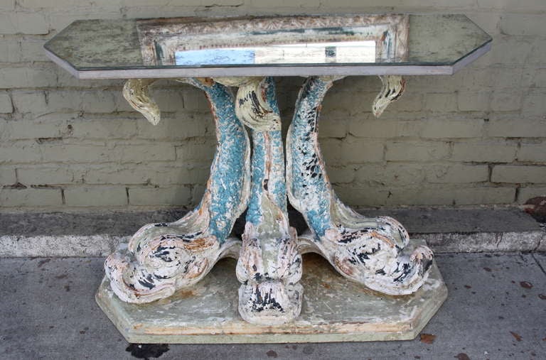 Pair of Italian Painted Dolphin Consoles w/ Mirrored Tops