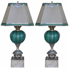 Pair of Murano Glass & Silver Gilt Lamps w/ Parchment Shades