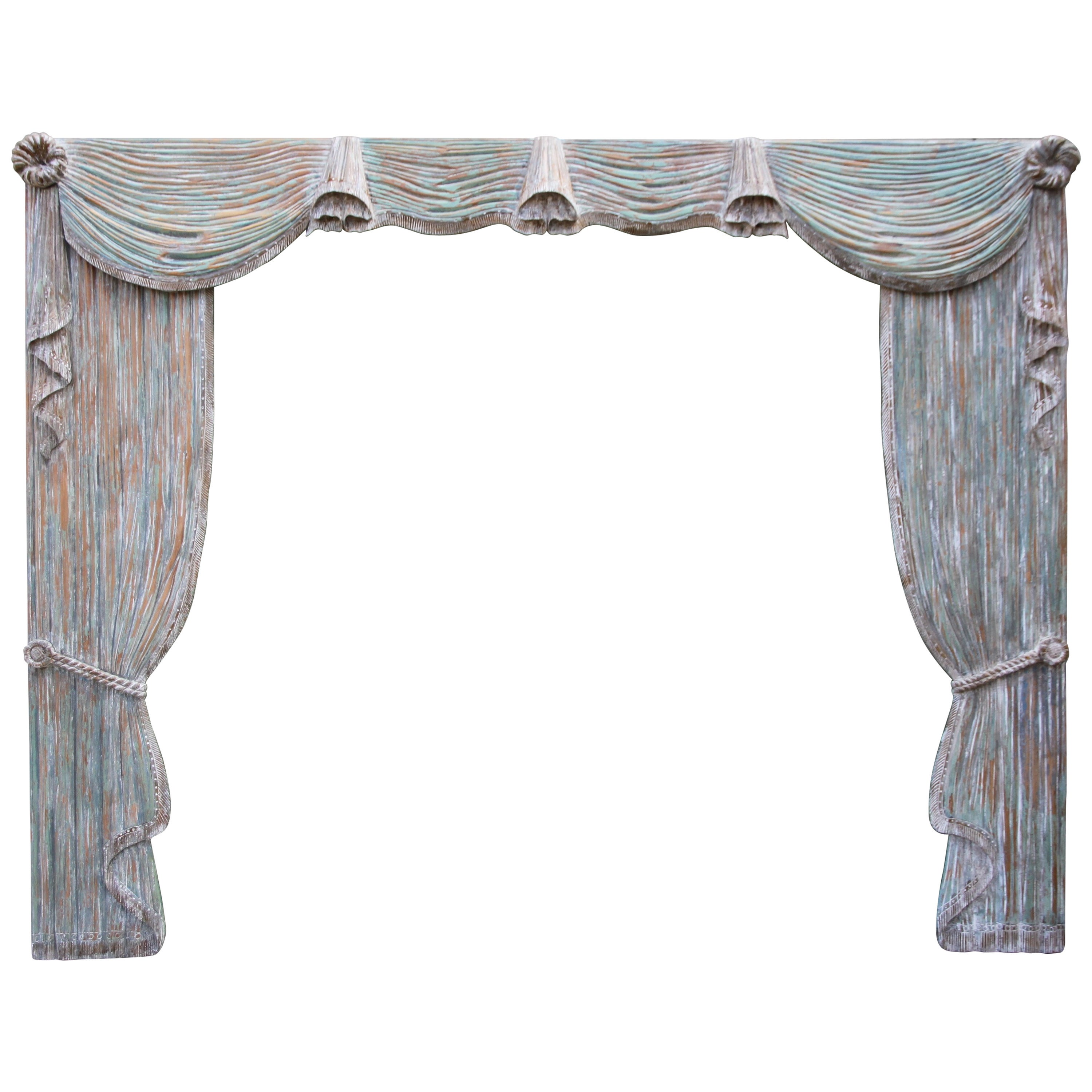 French Hand-Carved Painted Wood Drapery Panels with Valence