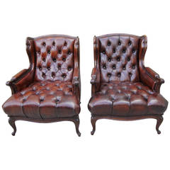 Pair of French Leather Tufted Armchairs C. 1900