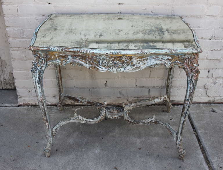 19th C. French Painted Table w/ Antique Mirrored Top