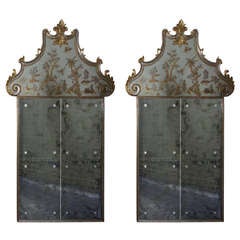 Vintage Pair of Painted & Parcel Gilt Chinoiserie Mirrors