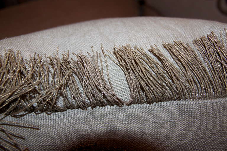 French 19th Century Metallic Appliqued Linen Pillow