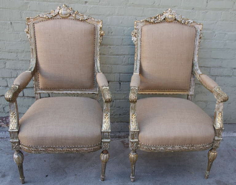 Rococo Pair of French Painted & Parcel Gilt Armchairs