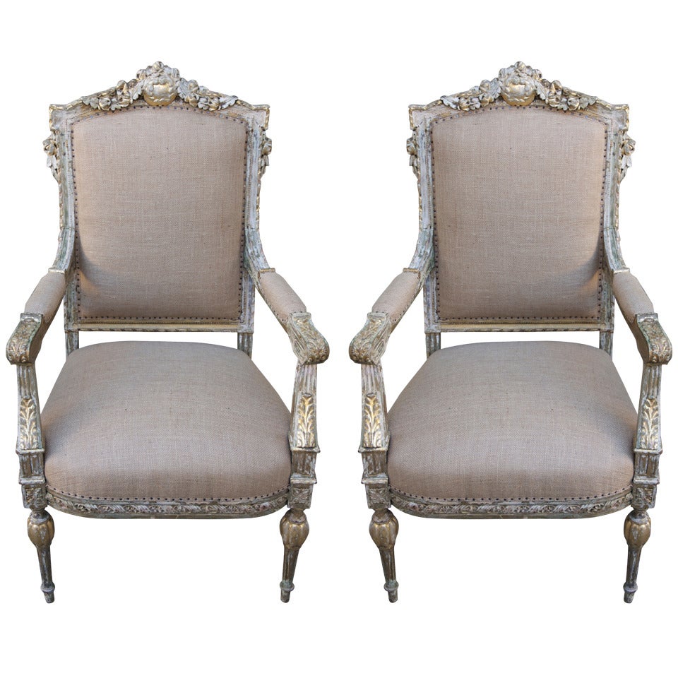 Pair of French Painted & Parcel Gilt Armchairs