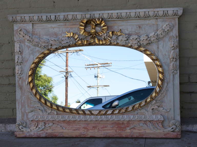 Carved French Painted & Parcel Gilt Mirror