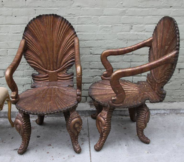 Italian Pair of Venetian Carved Grotto Armchairs