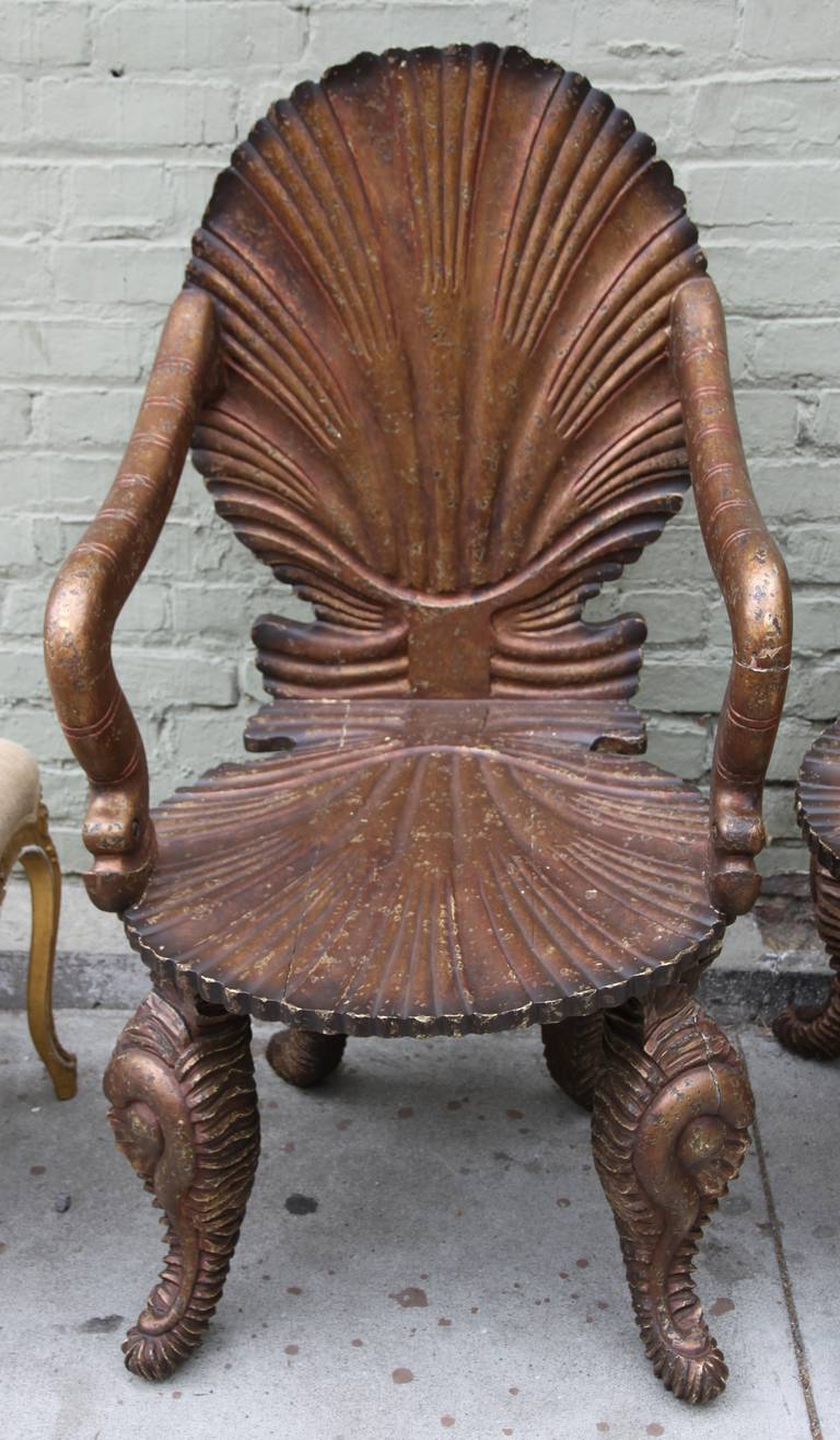 Gilt Pair of Venetian Carved Grotto Armchairs