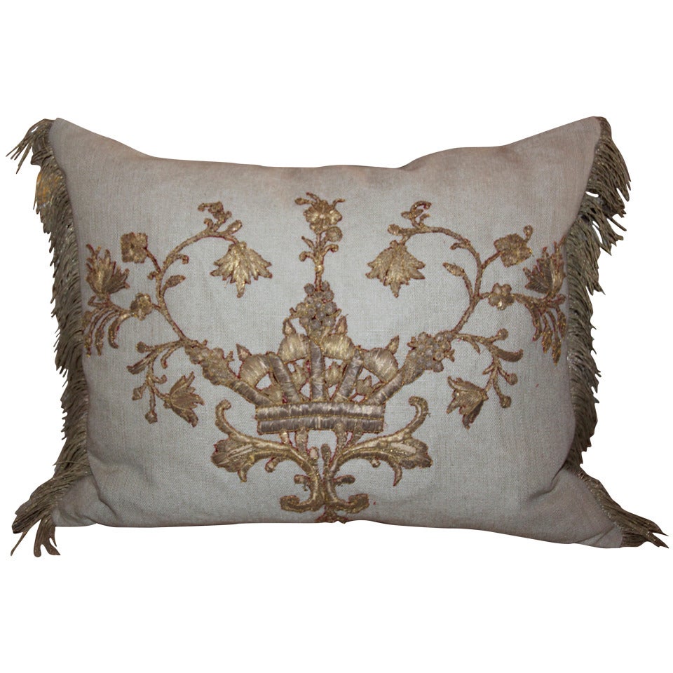 19th Century Metallic Appliqued Linen Pillow