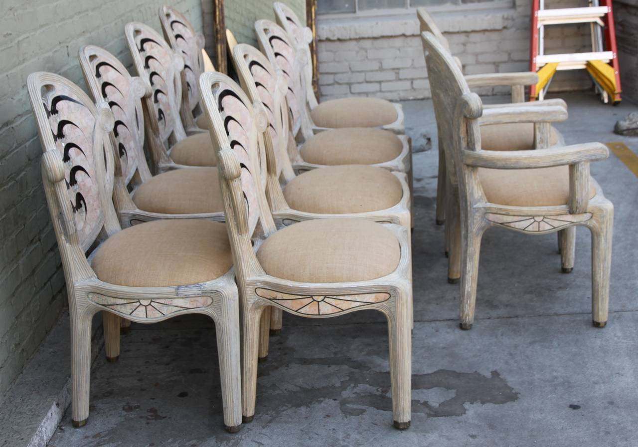 Painted Set of Unique Travertine and Mother-of-Pearl Dining Chairs