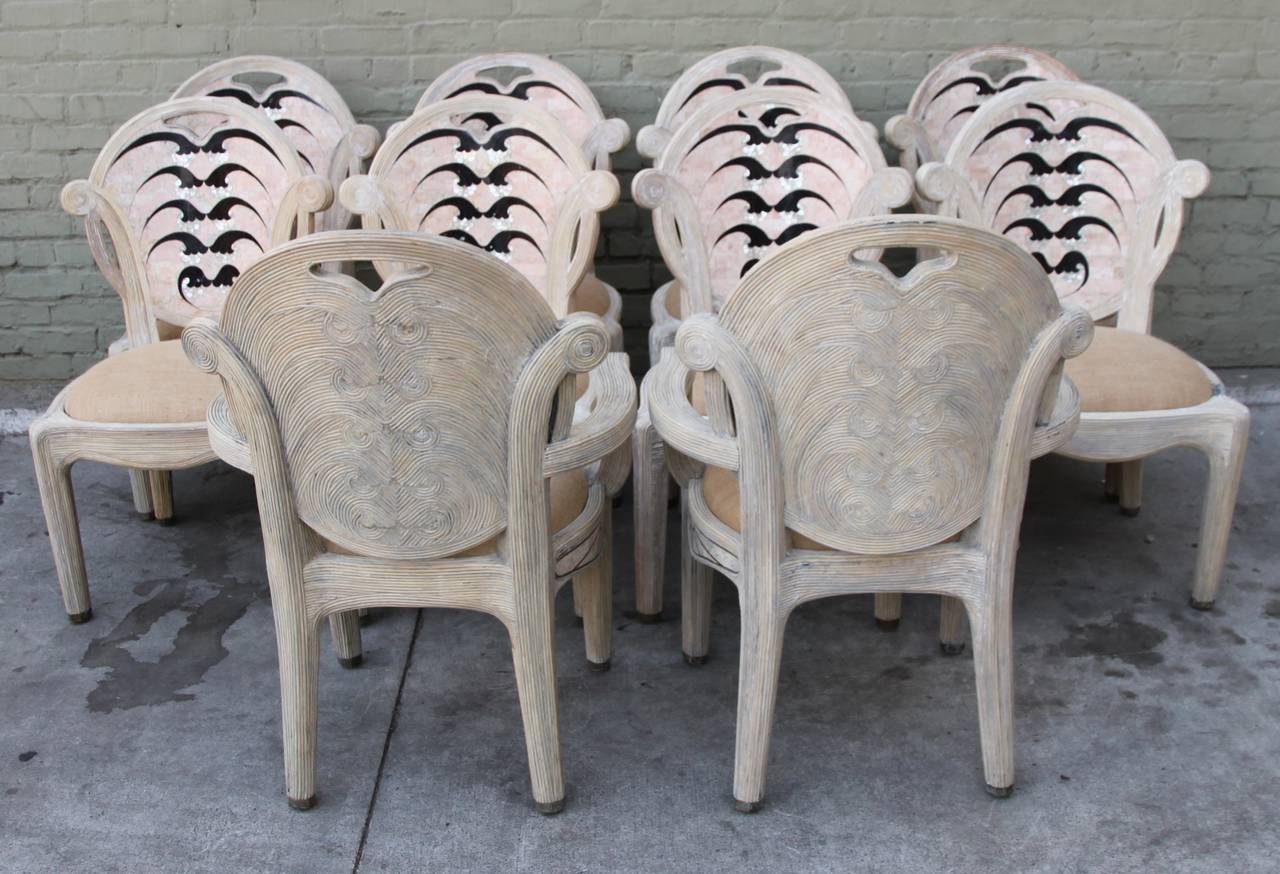 Art Deco Set of Unique Travertine and Mother-of-Pearl Dining Chairs