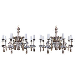 Pair of Eight-Light Painted Wood Beaded Chandeliers