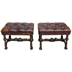 Pair of English Leather Tufted Benches