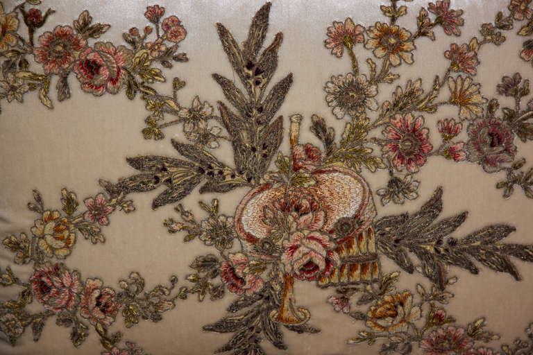 Rococo 19th Century Metallic & Chenille Embroidered Silk Velvet Pillow