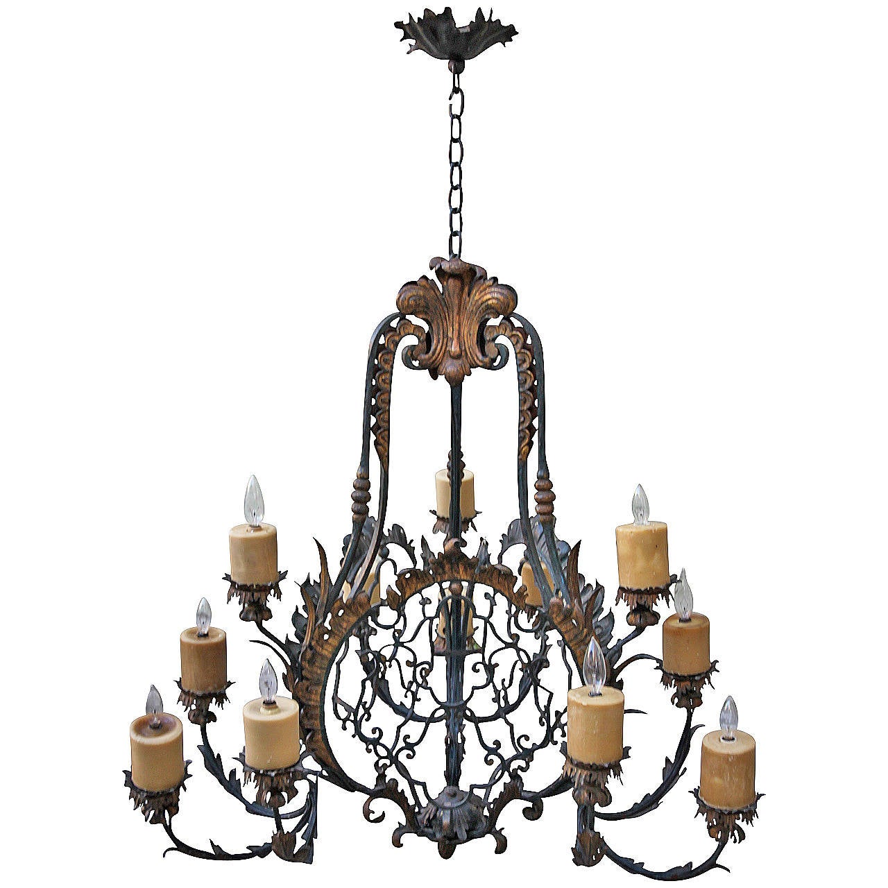 Spanish TwelveLight Wrought Iron Chandelier For Sale at 1stdibs