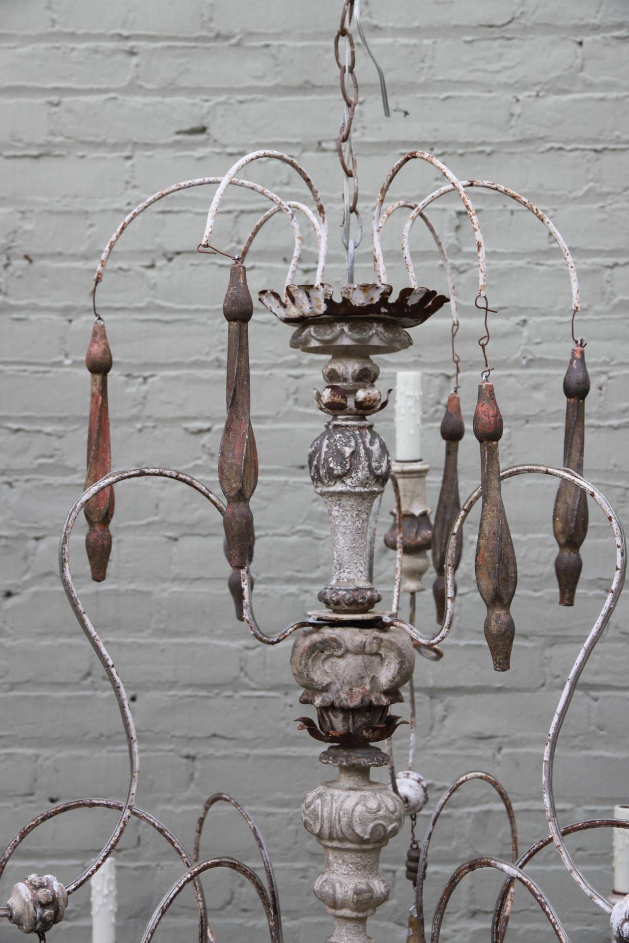 Rococo Nine-Light Italian Painted Chandelier with Wood Tassels