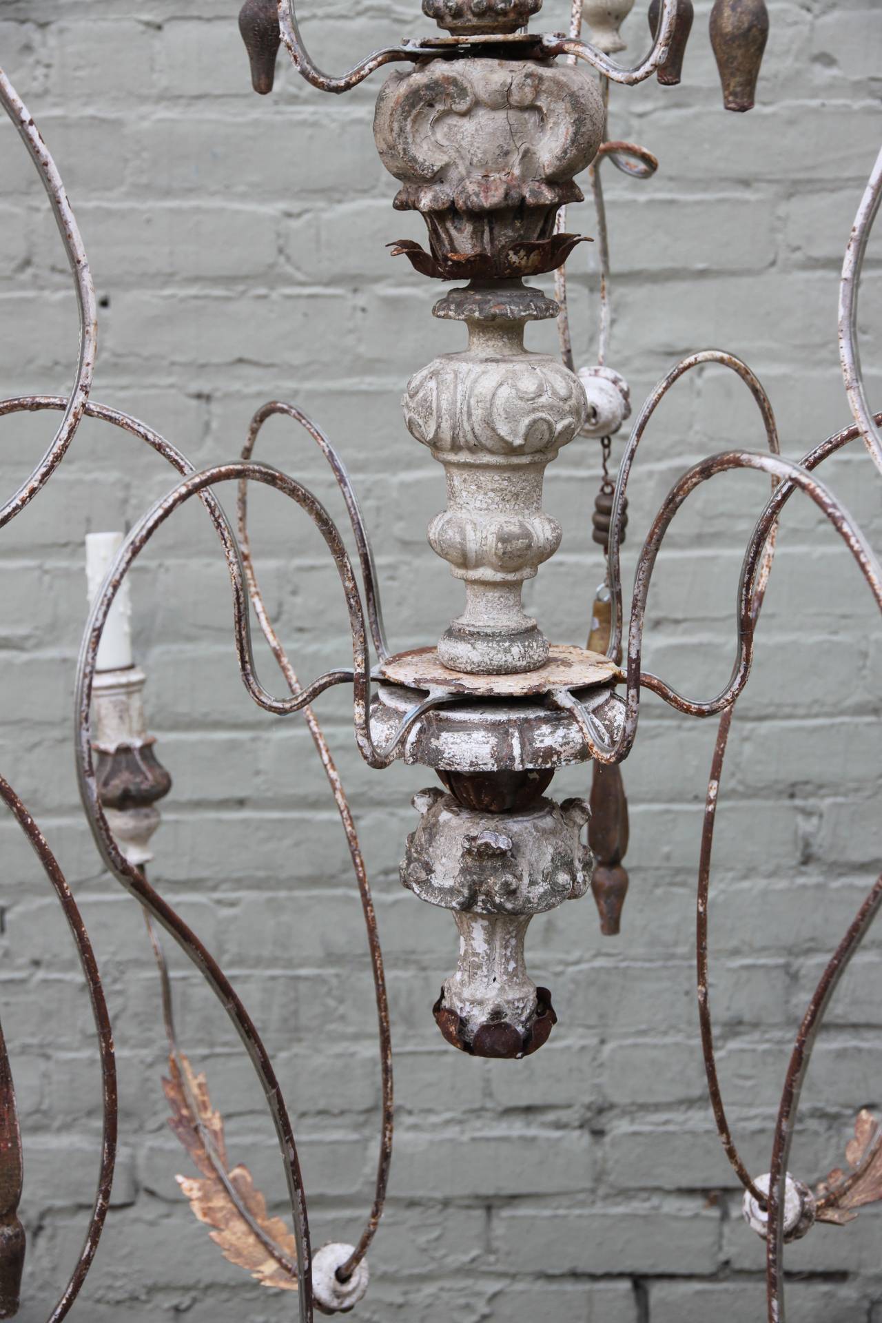 Nine-Light Italian Painted Chandelier with Wood Tassels In Distressed Condition In Los Angeles, CA