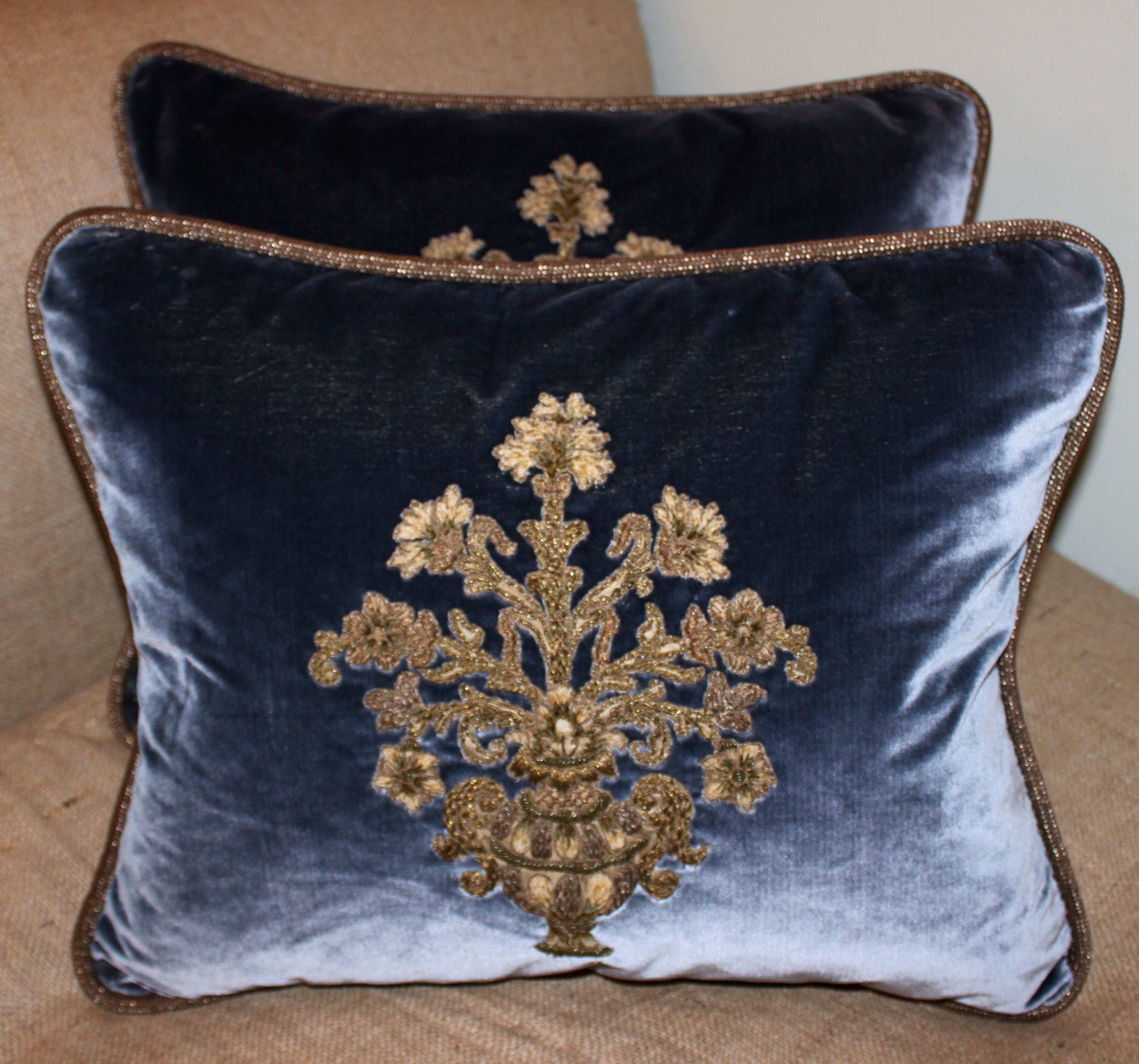Pair of Metallic Appliqued Velvet Pillows