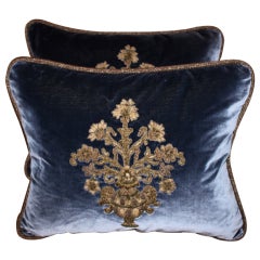 Antique Pair of Metallic Appliqued Velvet Pillows