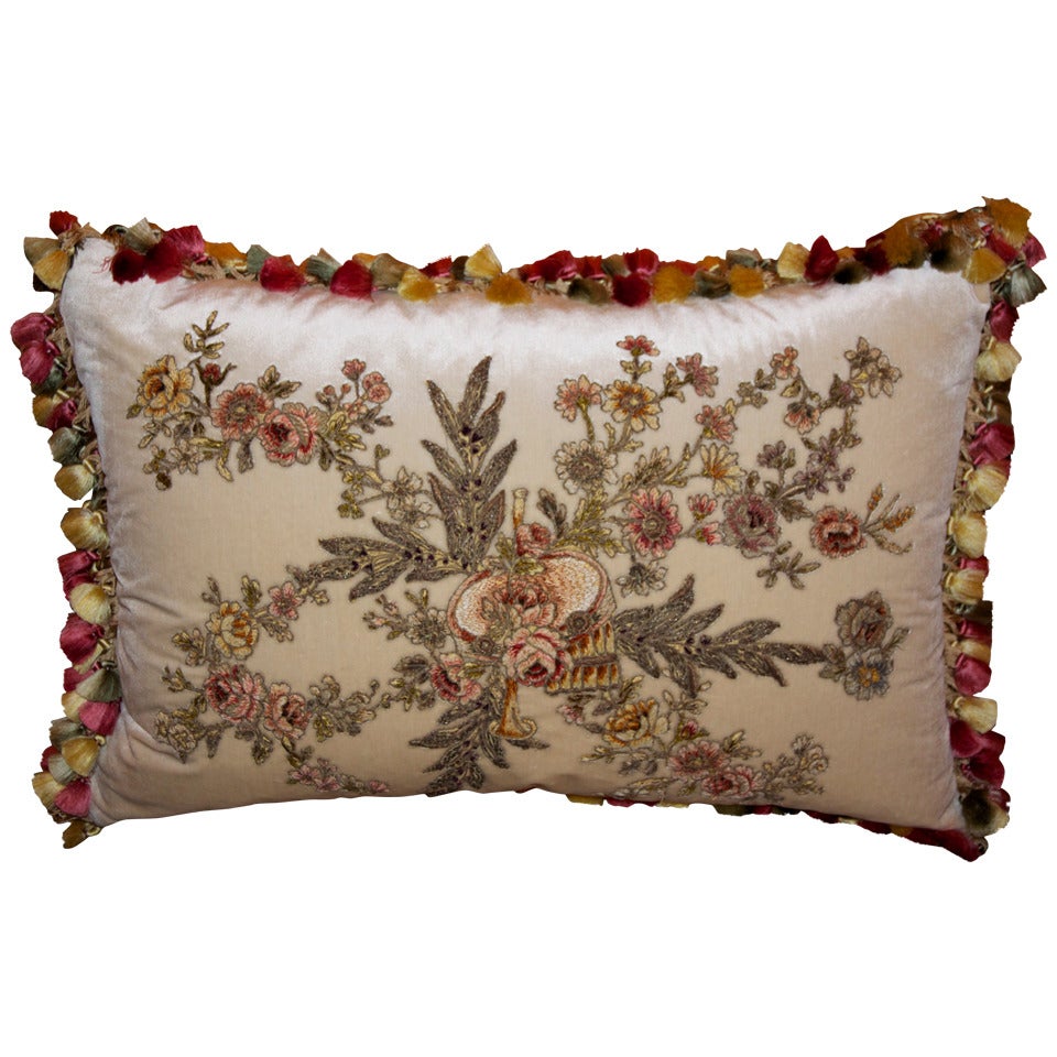 19th Century Metallic & Chenille Embroidered Silk Velvet Pillow