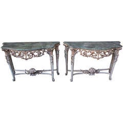 Pair of Italian Rococo Painted Consoles w/ Faux Marble Tops