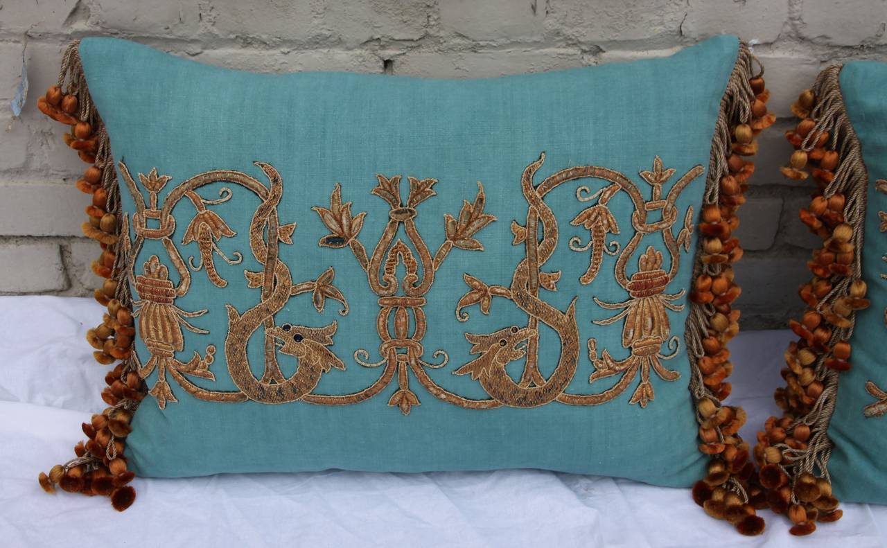 Rococo Pair of Appliqued Turquoise Linen Pillows
