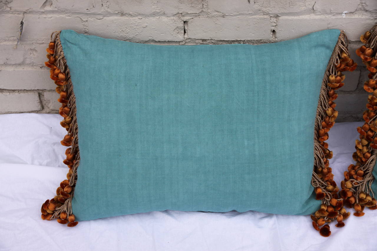 19th Century Pair of Appliqued Turquoise Linen Pillows