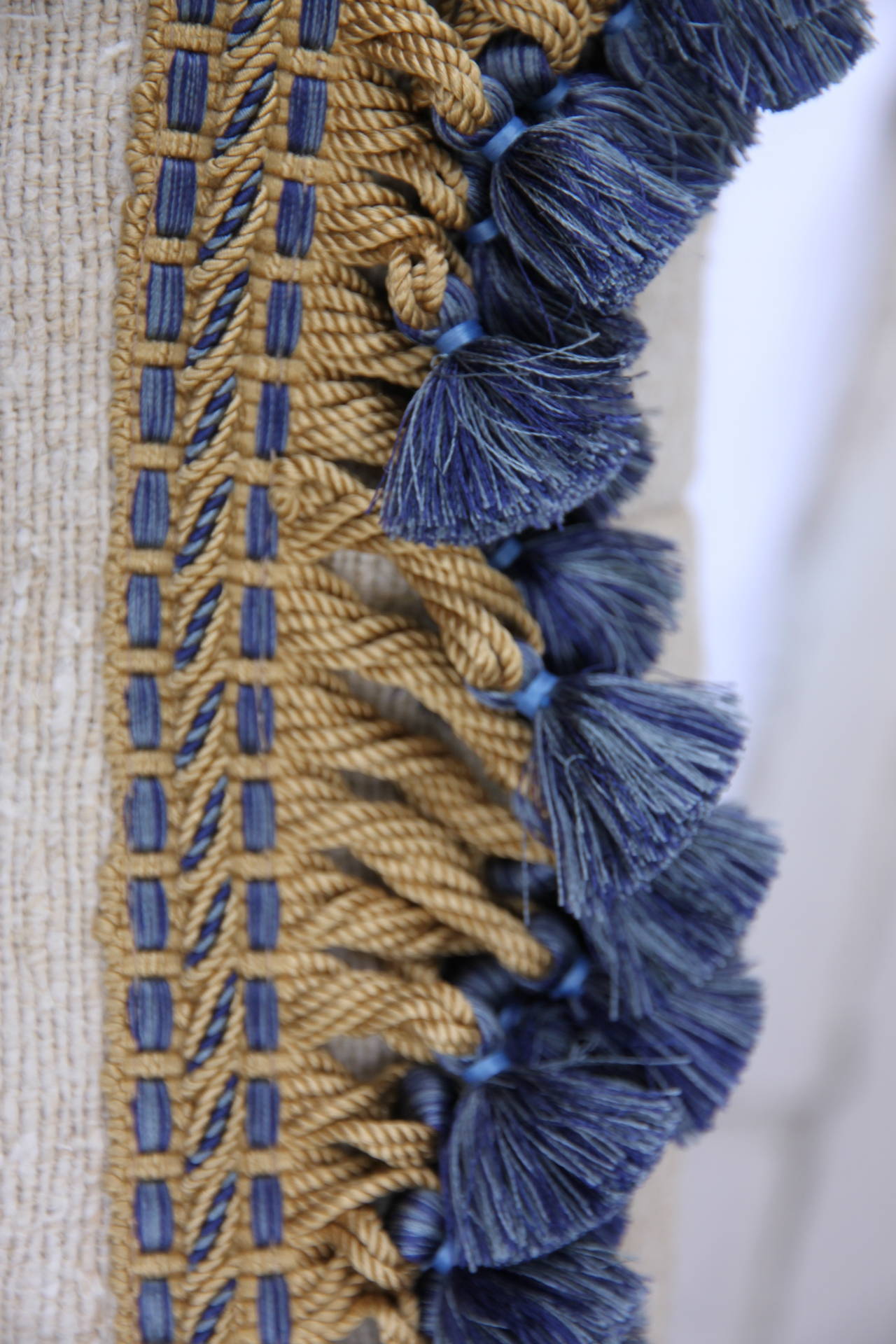 Italian Appliqueed Home Spun Linen Pillows with Tassel Fringe In Distressed Condition In Los Angeles, CA