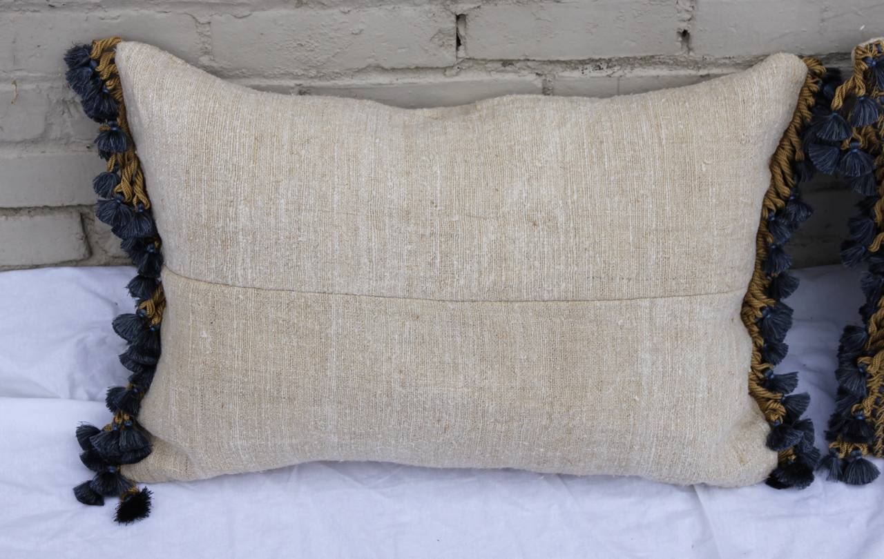 19th Century Italian Appliqueed Home Spun Linen Pillows with Tassel Fringe