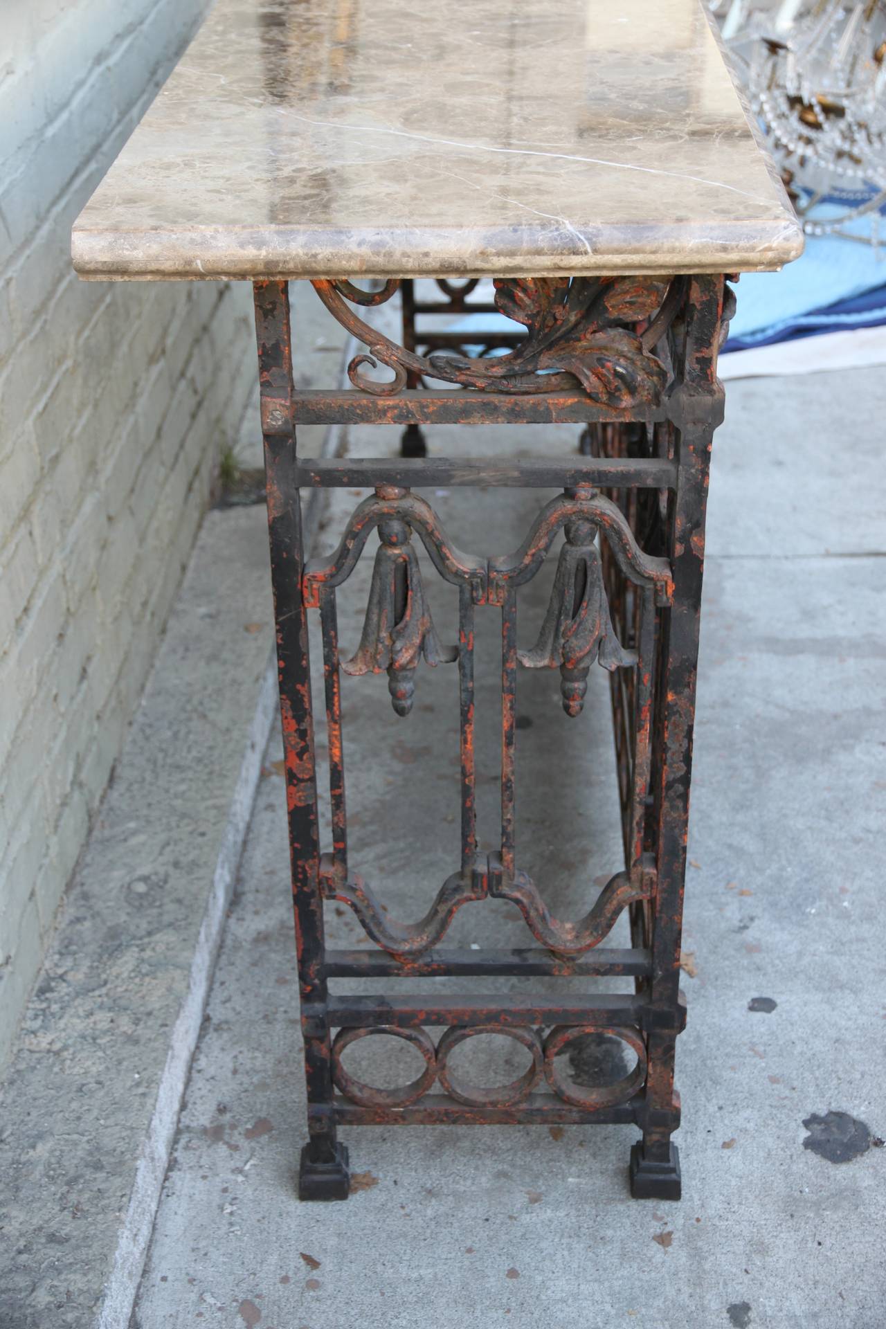 Pair of Spanish Revival Wrought Iron Consoles with Marble Top 3